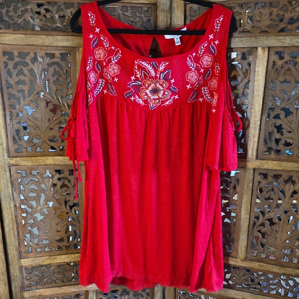Fourteenth Place Floral Embroidered Red Dress
